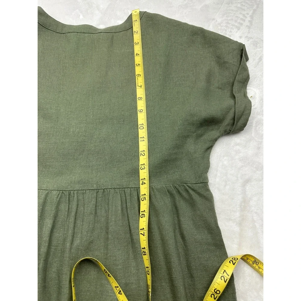Briggs Linen Blend Dress Womens Small Olive Green V-Neck Cuffed Sleeve Pockets